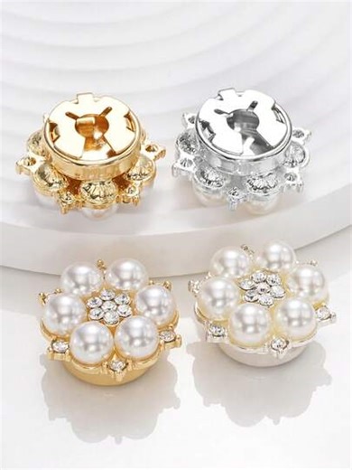 1/2/5pcs 24mm Elegant Rhinestone & Faux Pearl Button Covers For Women, Crystal Button Covers, Detachable Clip On Button Covers, Crystal Fancy Buttons For Clothing, Button Snaps With Pliers Press For Dress Suit Tux Shirt Accessories, Lead Color | SHEIN