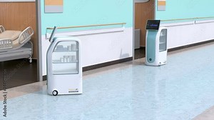 Medical delivery robots working in hospital. Infection prevention concept. 3D rendering animation.