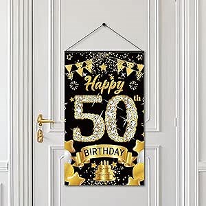50th Birthday Decorations Door Banner Sign for Men Women, Happy 50 Birthday Door Hanging Party Supplies, Black Gold Fifty Year Old Bday Wall Hanger Decor