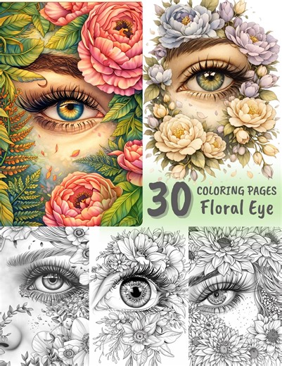Floral Eye Coloring Pages, Book for Adults and Children, 30 Printable Relaxing Coloring Book, Stress Relief Art(download PDF) - Etsy