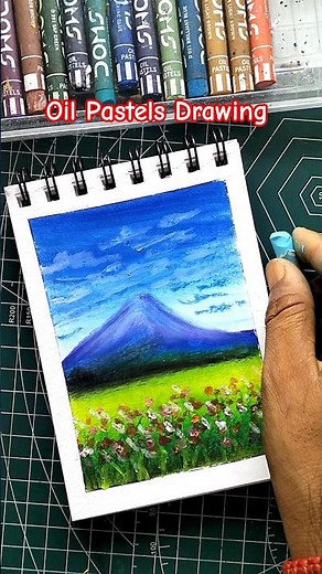 Easy Flower And Mountain Scenery Drawing with Oil Pastels🌸🏔️