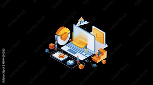 This vibrant illustration depicts a business team in a virtual meeting, using data analysis and digital tools. It captures collaboration, innovation, and communication in modern remote work. Ideal for