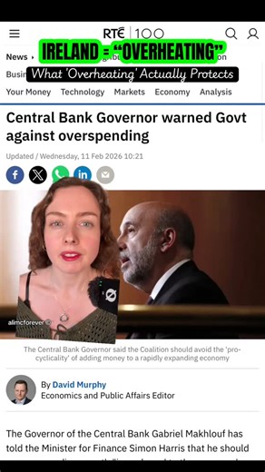 ali on Instagram: "Is Ireland “Overheating”? No. the published numbers and on orthodox definitions, Ireland is not overheating. The European Commission’s Autumn 2025 forecast for Ireland has: HICP inflation 1.9% in 2025, 1.9% in 2026, 1.7% in 2027 (Bang on the ECB 2% target, not above it) ​The Central Bank’s Q3 2025 Bulletin shows: Labour under‑utilisation (unemployed + underemployed part‑timers + marginally attached) at 13.4%, the highest since Q4 2021. By the Central Bank’s own definition of o