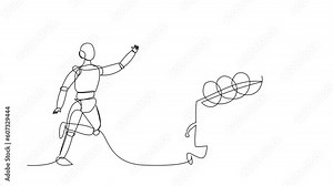 Self drawing animation of single line draw robot chasing calendar. Time management optimization. Future technology. Artificial intelligence machine learning. Continuous line draw. Full length animated