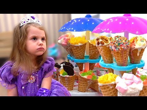 Eva pretends to be a princess and plays in a real ice cream shop