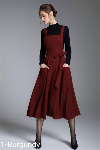 Burgundy Linen Pinafore Dress – Women’s Midi Fit and Flare Apron Dress With Pockets, Custom Dress, Xiaolizi 5510 - Etsy