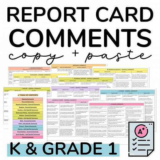 300  Kindergarten Report Card Comments & Grade 1 Report Card Comments, Editable in Google Docs - Beg, Mid Year and End of Year Comments - Etsy