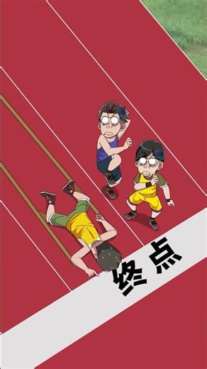 The young man fell while running on stilts, but unexpectedly won the race.