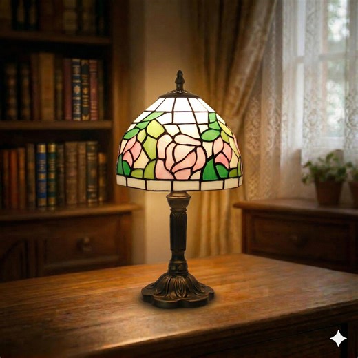 Pink Roses Tiffany Glass Table Lamp, Colored Glass Lampshade Bedside Reading Decor Atmosphere Lamp - Etsy