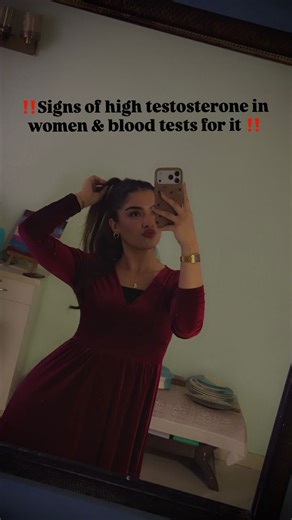 Dr.Noori on Instagram: "High testosterone in women (hyperandrogenism) can show up through physical, skin, menstrual, and emotional signs, and it’s confirmed with specific blood tests. 🧪 Blood Tests to Check Testosterone & Androgens Primary Tests 1. Total Testosteron • Normal (women): ~15–70 ng/dL 2. Free Testosterone (more accurate for symptoms) 3. Sex Hormone Binding Globulin (SHBG) • Low SHBG = more active testosterone Additional Androgen Tests 4. DHEA-S • High → adrenal source 5. Androstened
