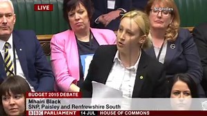 The Scottish National Party (SNP)'s Mhairi Black delivers a blow to George Osborne's budget in her maiden speech and said: "I am now the only 20 year old in the whole of the UK whom the chancellor is prepared to help with housing." Read more on the reaction: http://www.buzzfeed.com/emilyashton/back-in-black#.fy9nVDEEOg | BuzzFeed UK Politics