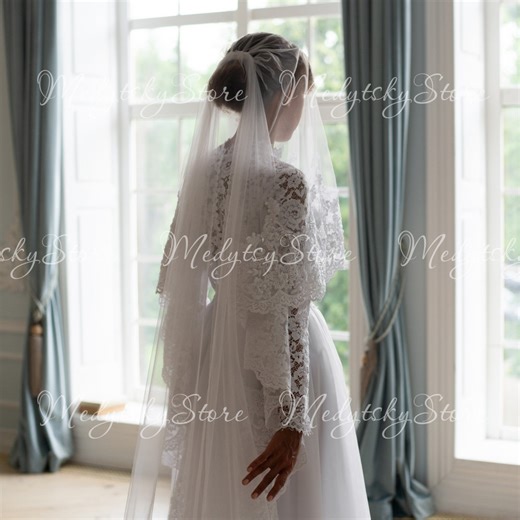 Embroidered Veil With Blusher for Brides, Two Layer Lace Veil, Two Tier Lace Wedding Veil With Comb, Double Lace Wedding Veil Floral - Etsy