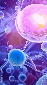 Vertical 3D Animation of Cell division under a microscope. Dividing and Multiplying Cells. Cell mitosis concept. Inside Human Body. Human cells moving life