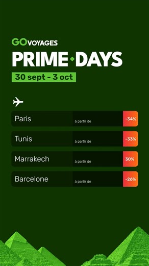 Ne manquez pas GOVoyage Prime Days : seulement 4 jours. Profitez de réductions colossales sur vos voyages✈️ | Go Voyages | Facebook