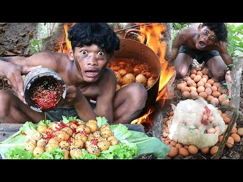 Primitive Technology: Cooking Duck Egg Recipe Eating Delicious in the Wilderness!