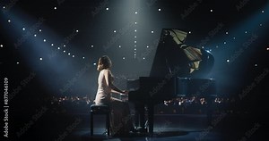 Female Pianist Playing Academic Music, Performing Classical Solo Compositions on Stage. Grand Piano Resounds With Rich, Melodic Tones of a Romantic Ballad, Asian Pianist Leaving the Audience in Awe