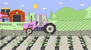 Tractor riding through farmland fields cartoon animation. Countryside farmland with potatoes crops outdoors 4K video motion graphic. Agricultural transport 2D animated scene on farmland background Stock Video