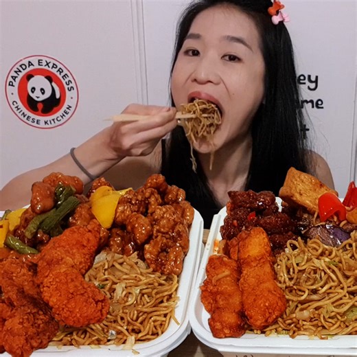 Eating Panda Express! Got their Hot Sichuan Chicken Tenders, Honey Sesame Chicken, Beijing Beef, Angus Beef, Orange Chicken and Chow Mein! What do you like to get at Panda Express? #mukbang #asmr #pandaexpress #chinesefood #eatingshow #eatingsounds #fastfood #crispy | Peggie Neo