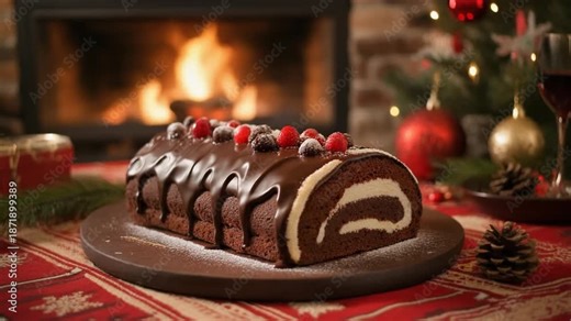 Christmas Chocolate Yule Log Cake with Berries on Festive Table by Fireplace and Christmas Tree