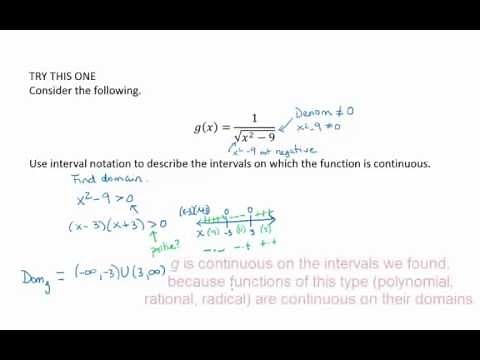 Determine intervals of continuity for function with square root in denominator