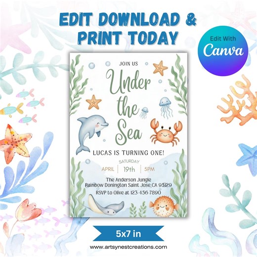 Under the Sea Birthday Invitation,watercolour Sea Animals, Nautical Ocean Kids Birthday Invite,ocean Animals,under the Sea Editable Template - Etsy