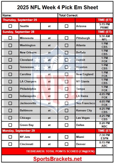 2025 NFL Pick 'Em Week 4 Printable PDF Guide – Archyde