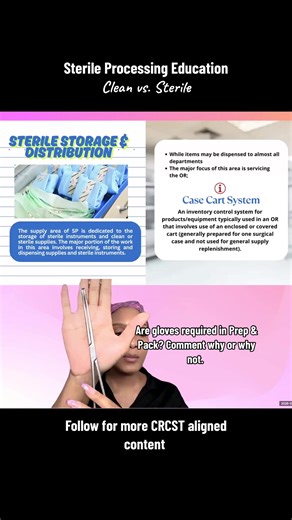 Clean and sterile are not the same — and that difference matters. By the time instruments reach prep & pack, they’ve already gone theough decontamination, where microorganisms are reduced to a safe level. This side is considered clean, not contaminated. But clean doesnt mean ready for surgery. Sterilization is the step that makes instruments safe for patient use, destroying any remianing microbes — including anything transferred during handling. Patients are treated with sterile instruments, not