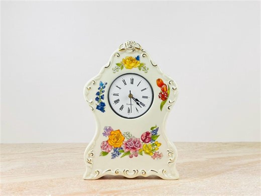 Colorful Vintage Floral Ceramic Clock | Romantic Spring Tabletop or Shelf Decor - Etsy