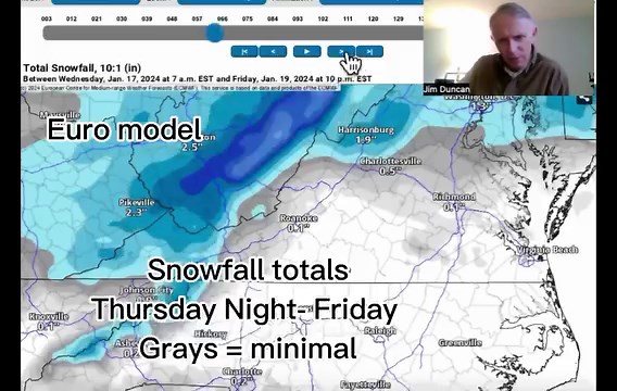 13K views · 164 reactions | Model comparison for snowfall Thursday night through Friday. Maps show model forecasts for totals with shades of gray indicating pretty much a dusting - very light amounts. The GFS model shows half- inch to an inch RVA area, and since it’s so cold be aware there might be some brief travel issues early Friday morning. Minimal impacts otherwise for most of Virginia east of the mountains and south of NOVA. | Jim Duncan | Facebook