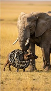 Elephant rescue baby buffalo from big python on the field