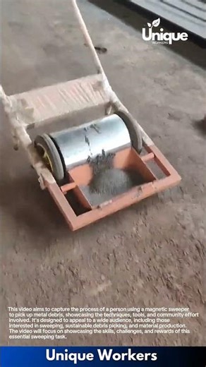 Manual Floor Cleaning Machine: Worker Collects Metal Dust Using Rolling Magnet