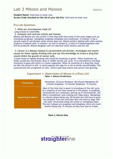 Straighterline bio 201l Lab 3 Mitosis and Meiosis