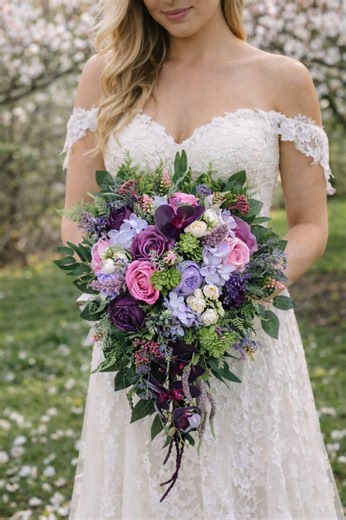 Purple Green Pink Wedding Bouquet, Cascading Bouquet, Colorful Wedding Bouquet - Etsy