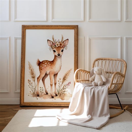 Boho Deer Nursery Wall Art | Baby Deer Woodland Decor | Watercolor Fawn Print | Boho Nursery Wall Art | Woodland Baby Room Decor - Etsy