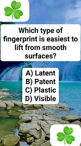 Which type of fingerprint is easiest to lift from smooth surfaces? A) Latent B) Patent C) Plastic D) Visible #crimstudytips #CriminologyPH #crimterminology #Criminology #crimlaw #CriminologyStudents | Crim students tambayan