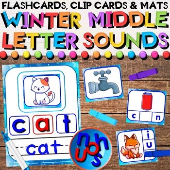 Winter CVC Middle Letter Sounds Phonics Center - Task Cards & Writing Activities