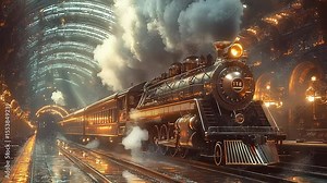 Steampunk train in a station tunnel