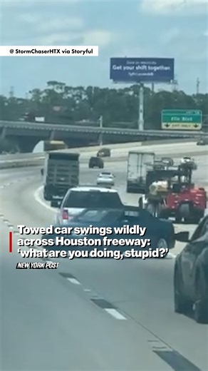 Shocking footage, shared to X by @StormChaserHTX, shows an SUV on the North Loop freeway in Houston improperly towing a sedan at high speeds on May 12, causing it to swerve wildly through traffic. | New York Post