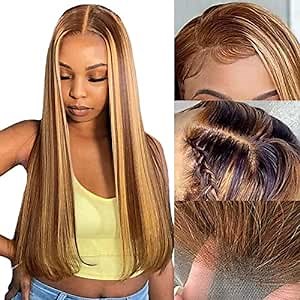 4/27 Highlight Ombre Lace Front Wig Human Hair Pre Plucked, Long Straight Closure 13x4 Frontal Wigs, Glueless HD Lace, 150% Density Brazilian Virgin Replacement Wigs for Black Women (20 Inch, Ombre)