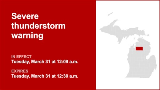 Update: Thunderstorms with quarter-sized hail in Crawford and Kalkaska counties Tuesday