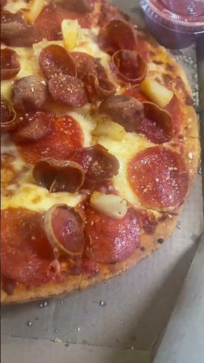 Marco’s pizza pepperoni pizza with pineapples. It was pretty good. ￼ #pepperoni