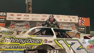 Climbing up top in Tri City Motor Speedway Victory Lane after winning his 5th #HellTour🔥 Feature of the season – it’s “Airforce” Ashton Winger! 🛩 | Summer Nationals