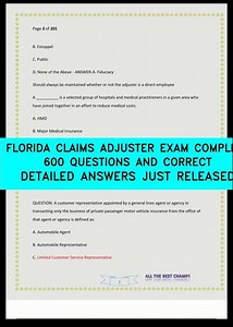 FLORIDA CLAIMS ADJUSTER EXAM COMPLETE 600 QUESTIONS AND CORRECT DETAILED ANSWERS JUST RELEASED vide