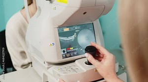 A female ophthalmologist performs a retinal examination using optical coherence tomography (OCT). The concept of medical vision diagnostics or vision correction. Stock Video