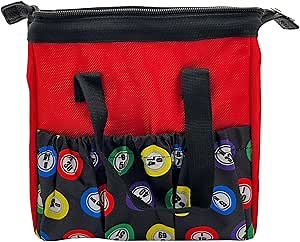 Bingo Dauber Bags with 6 Exterior Pockets&3 Interior Pockets Red Bingo Tote Bag,Includes 100 Multi-Color Bingo Cards