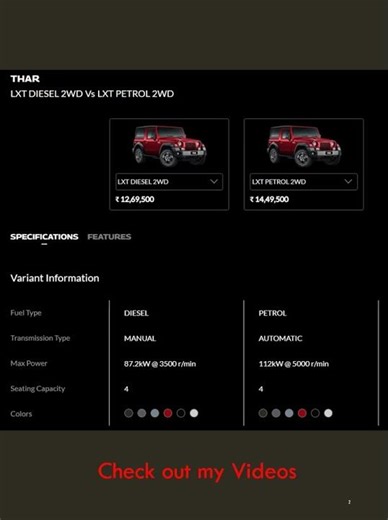 Mahindra Thar - LXT DIESEL2WD Versus LXT PETROL 2WD