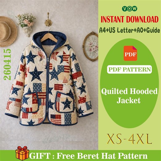 Quilted Jacket PDF Sewing Pattern, Hooded Jacket Pattern, Patchwork Coat, Beginner Friendly - Etsy