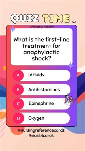 What is the first-line treatment for anaphylactic shock? * * * * * * * * #nurses #doctors #nursing #medical #nurseexam #NCLEX #nclexreview #nclexrn #registerednurse #medicaldoctor #medicine #studentlife #exam #exampreparation #nclexprep #nursingstudent #medicalstudent #RN #NMC #NGN #PNLE #NLE #USRN #RN #rnlife #nursinglife #fbreels #fypシ゚ @highlight @followers @everyone | Nursing Reference Cards