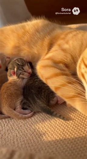 새끼에게 첫 잦먹이는 어미 고양이