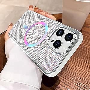 LUVI Compatible with iPhone 16 Pro Max Bling Diamond Case Magnetic Glitter 3D Rhinestone Compatible with MagSafe Sparkly Electroplate Bumper Luxury Fashion Protective Cover for Women Girls Color